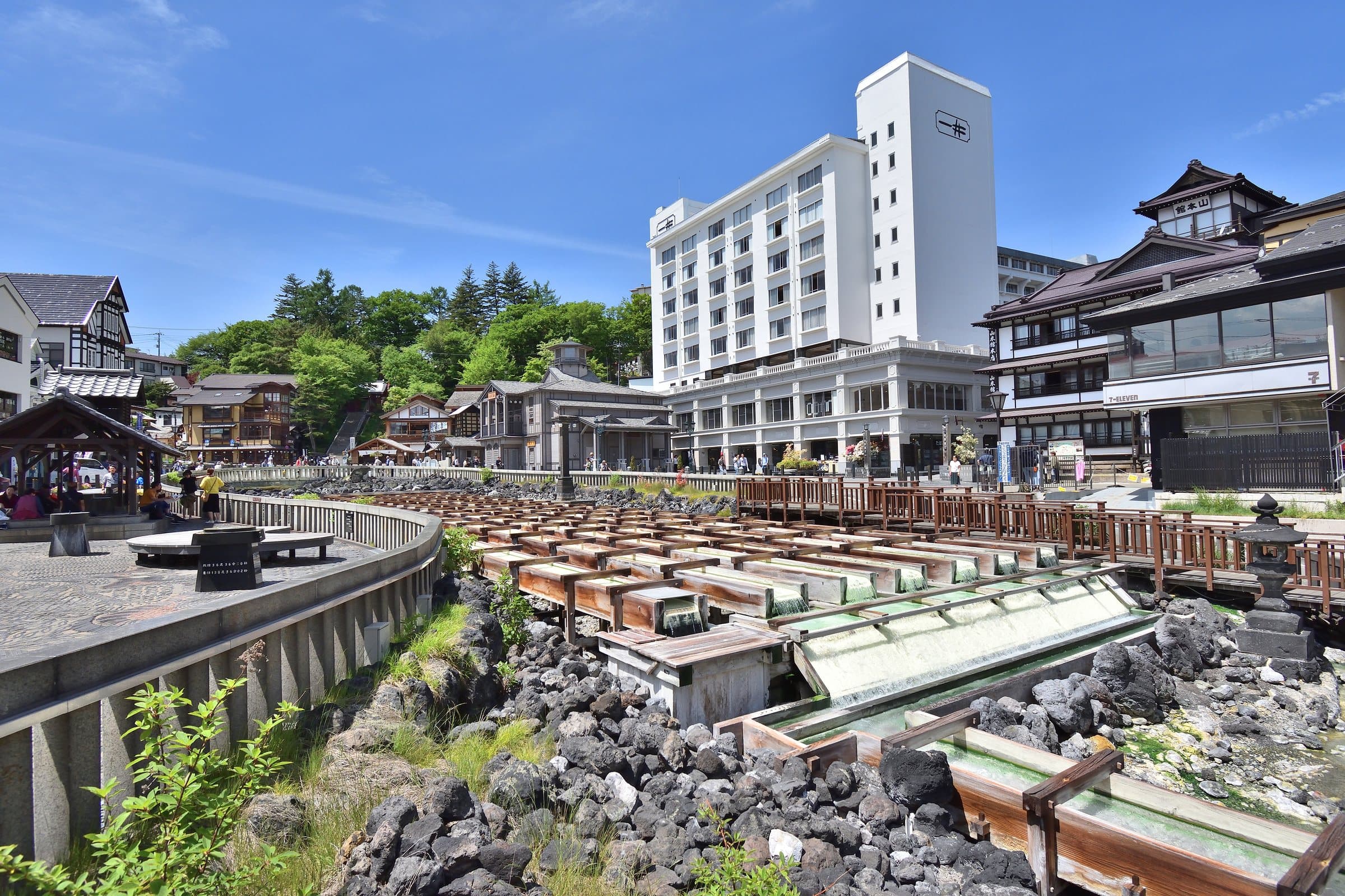 Kusatsu's Yubatake hot-spring field on a clear summer day